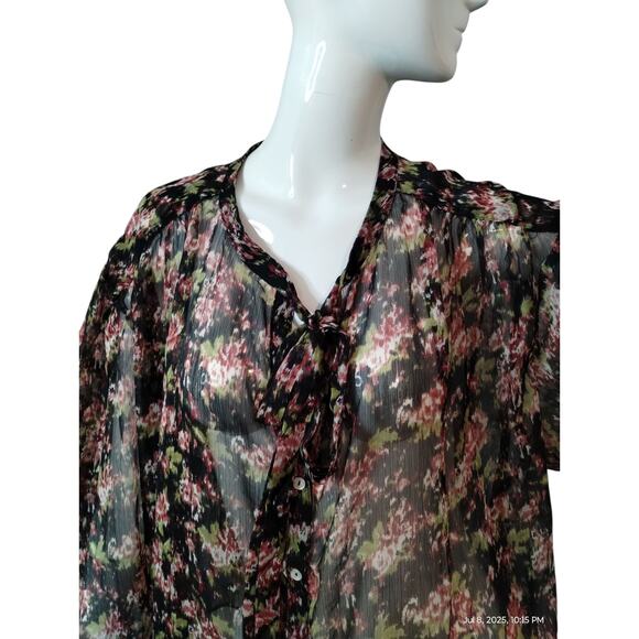 Mango MNG Women's size 3X Sheer Floral Bow Tie Puff Ruffle Sleeve Carol Blouse - Picture 5 of 12